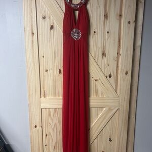 Elegant Red Halter Maxi Dress with Crystal Accents
